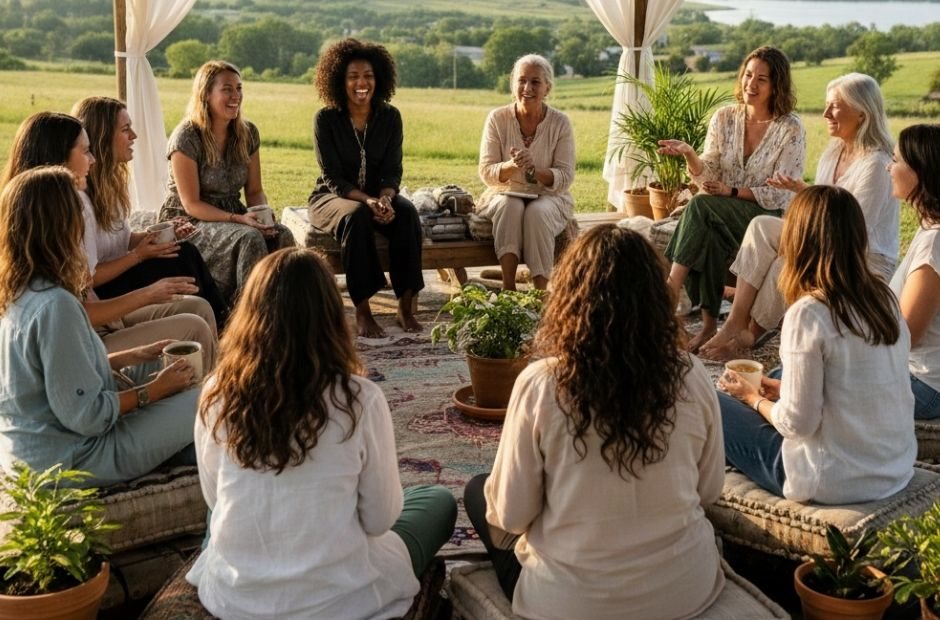 Mulheres reunidas em roda durante um retiro terapêutico